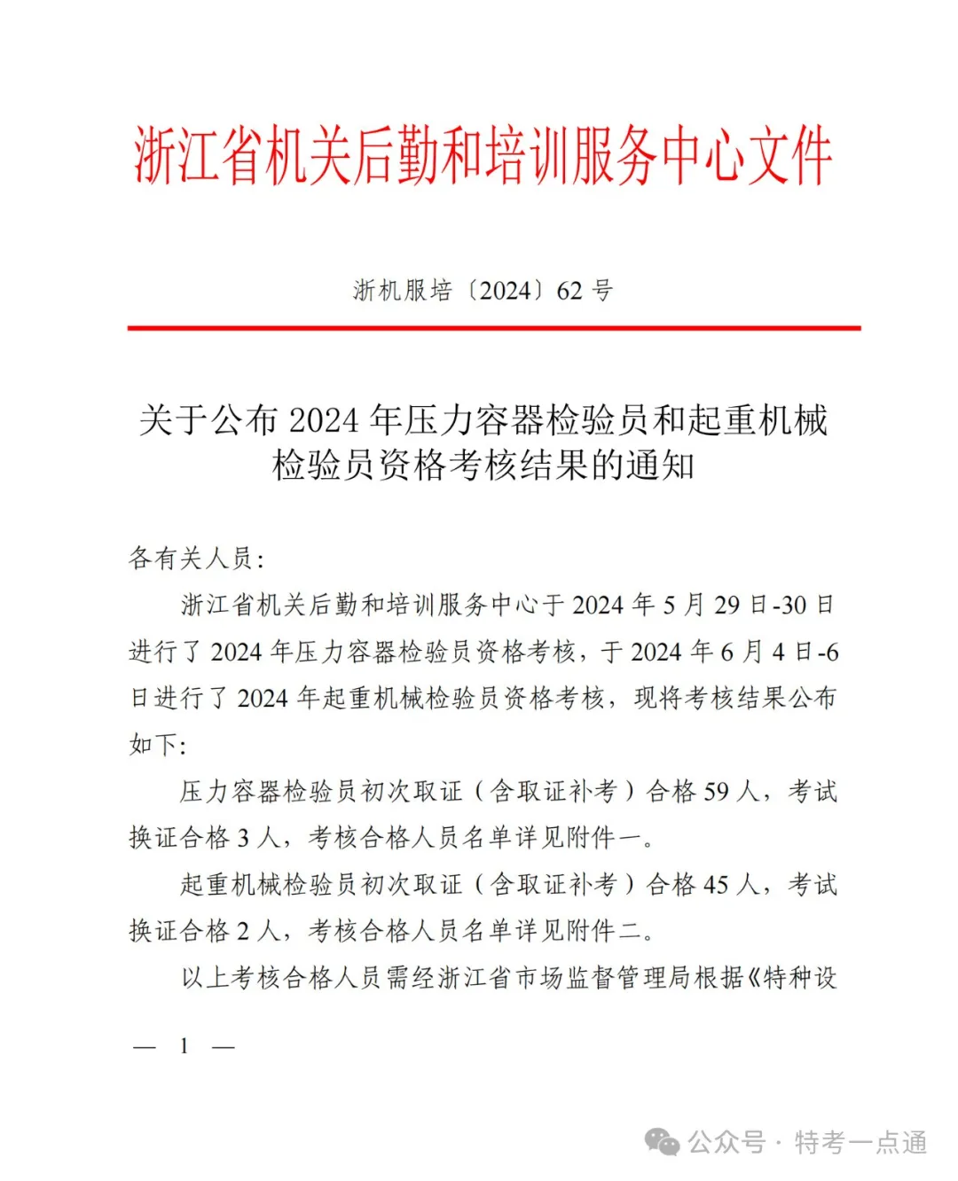 浙江：关于公布2024年压力容器检验员和起重机械检验员资格考核结果的通知